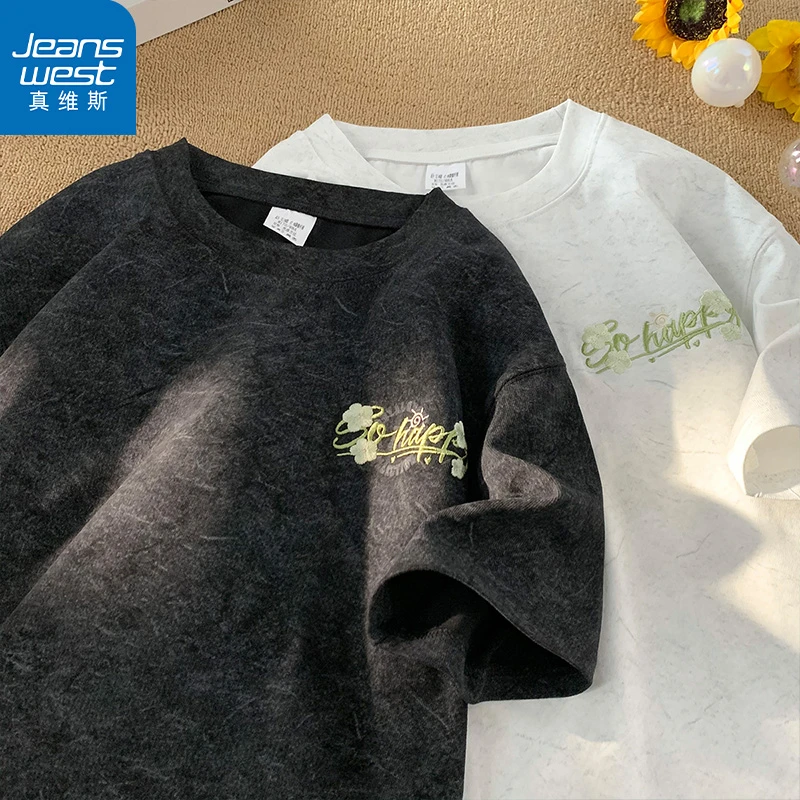 真维斯夏季男士2024爆款T恤男砂洗刺绣百搭半袖印花潮牌圆领百搭