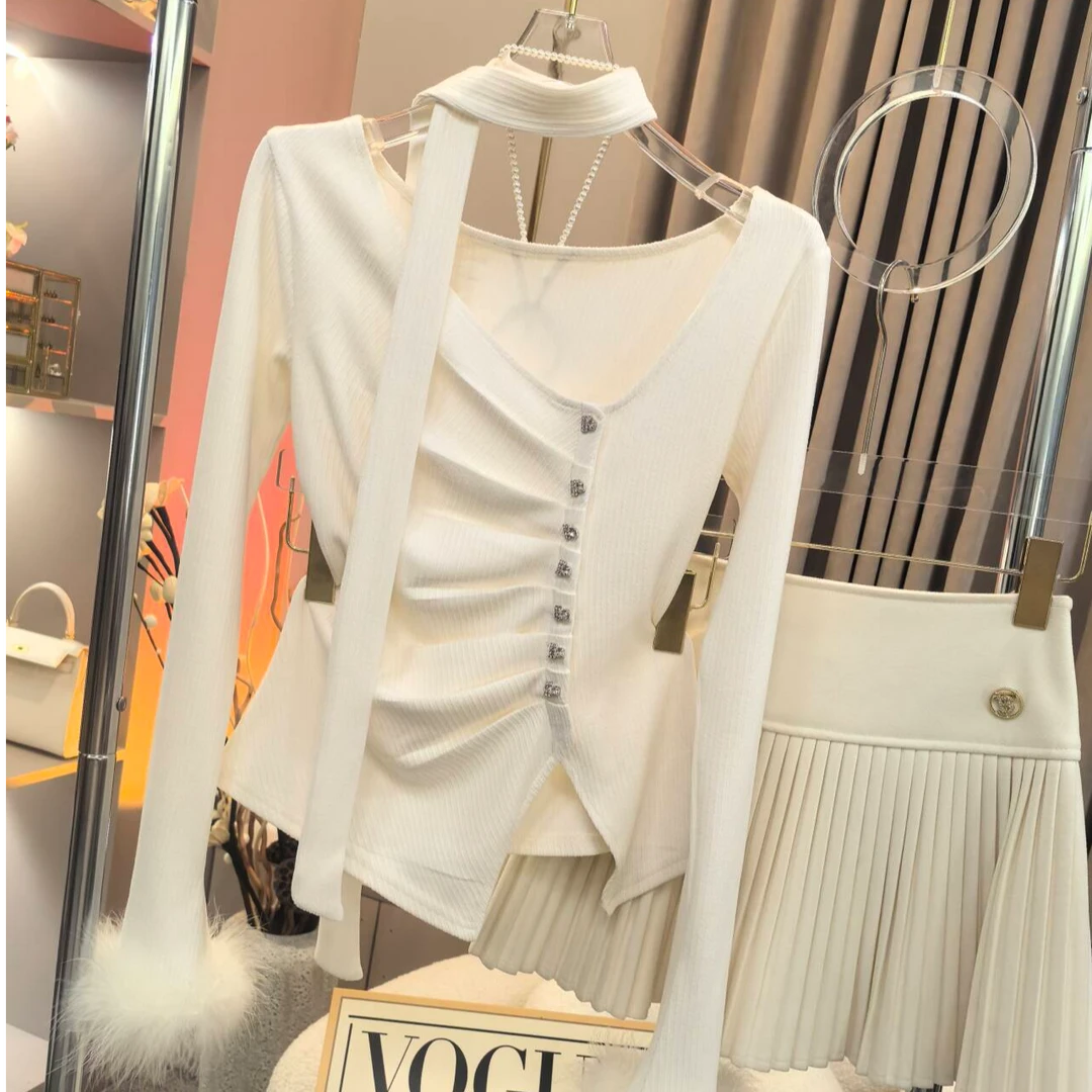 【A9771墨丽】2024秋冬修身设计感长袖褶皱上衣+裙子两件套