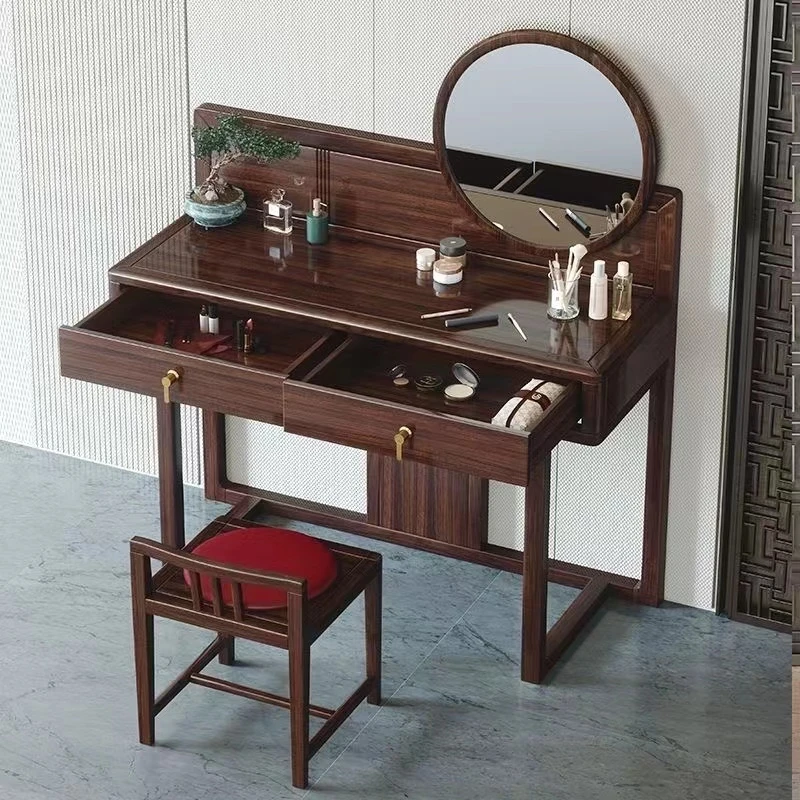 新中式乌金木实木梳妆台轻奢现代卧室一体式储物化妆桌带妆镜组合