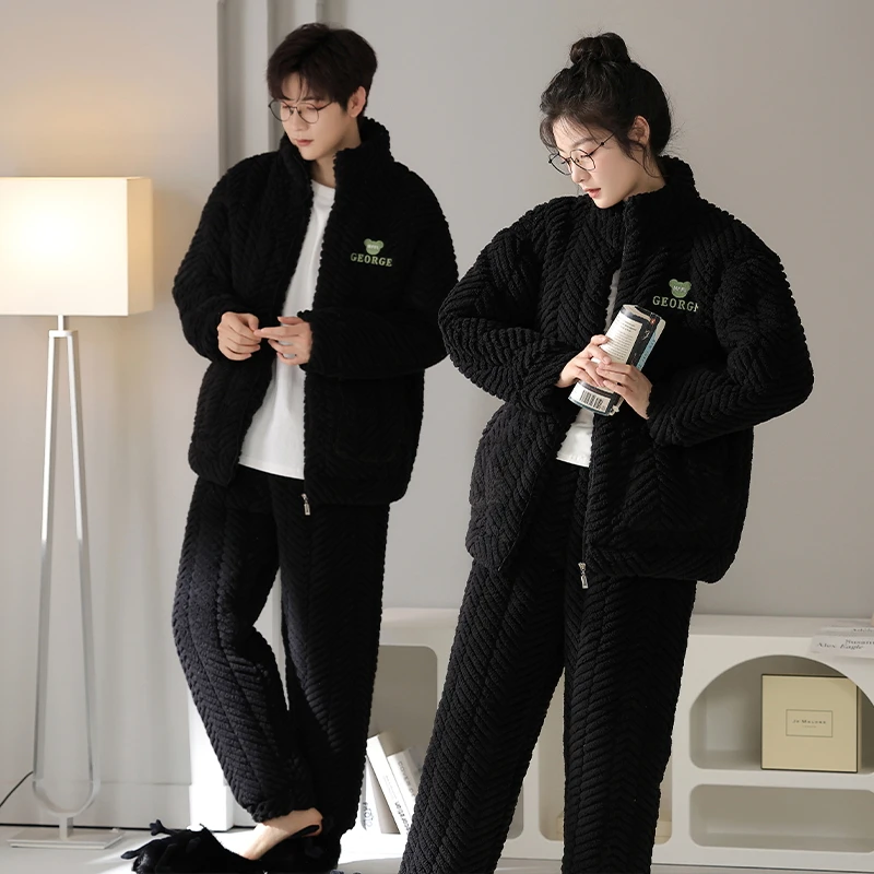 黑色法兰绒加绒加厚睡衣套装男女情侣款秋冬保暖大码家居服两件套
