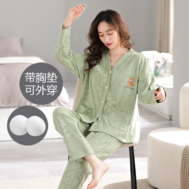 带胸垫一体睡衣女春秋款长袖和服甜美公主风可外穿家居服套装