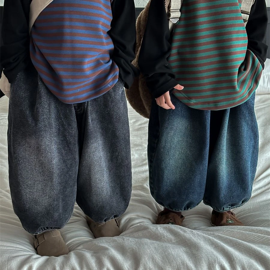 儿童秋季百搭磨白牛仔裤男女宽松洋气灯笼裤韩版牛仔阔腿九分裤潮