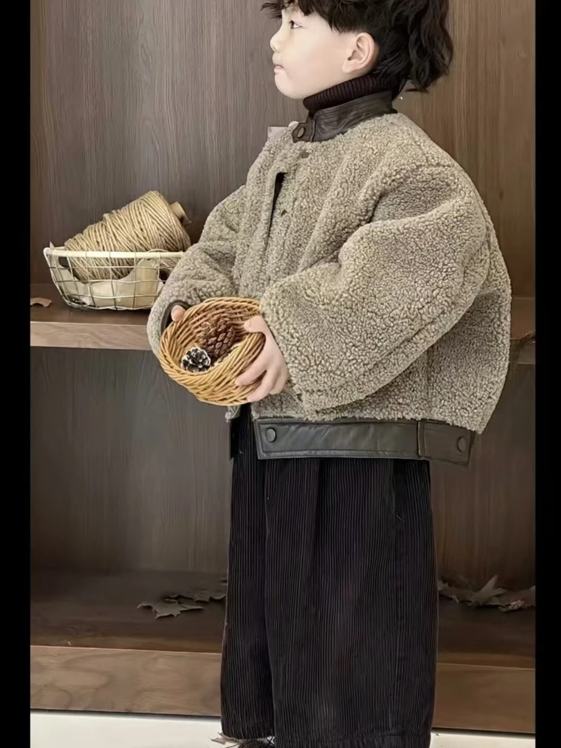 男童冬季毛毛衣棉服套装新款加绒加厚拼接外套加绒裤子两件套TX