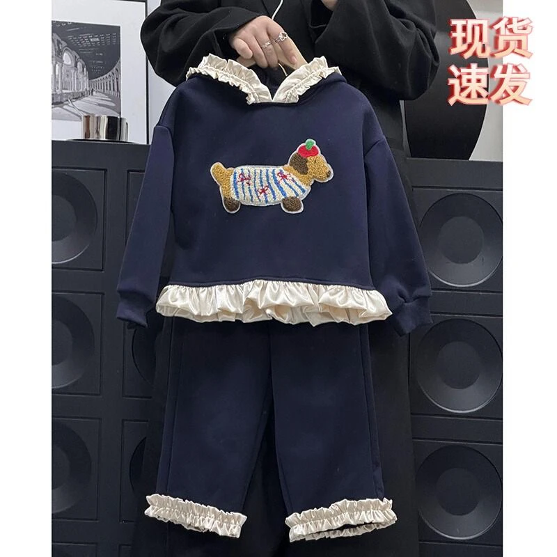 女童加绒套装秋装新款童装洋气卡通儿童秋冬长袖两件套带帽c