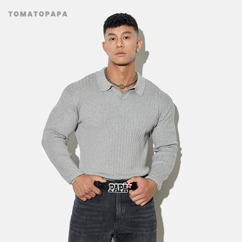 TOMATOPAPA秋冬毛衣2024新款翻领加厚POLO领针织衫保暖打底毛衫男