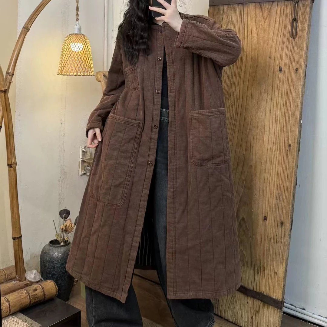 2024冬季新款休闲百搭高定肌理苎麻绗棉长款系扣棉衣女