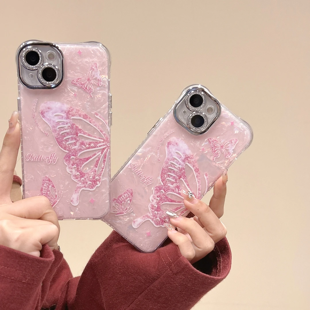 高级贝壳纹蝴蝶iPhone15promax苹果13手机壳14新款13带镜头膜12女