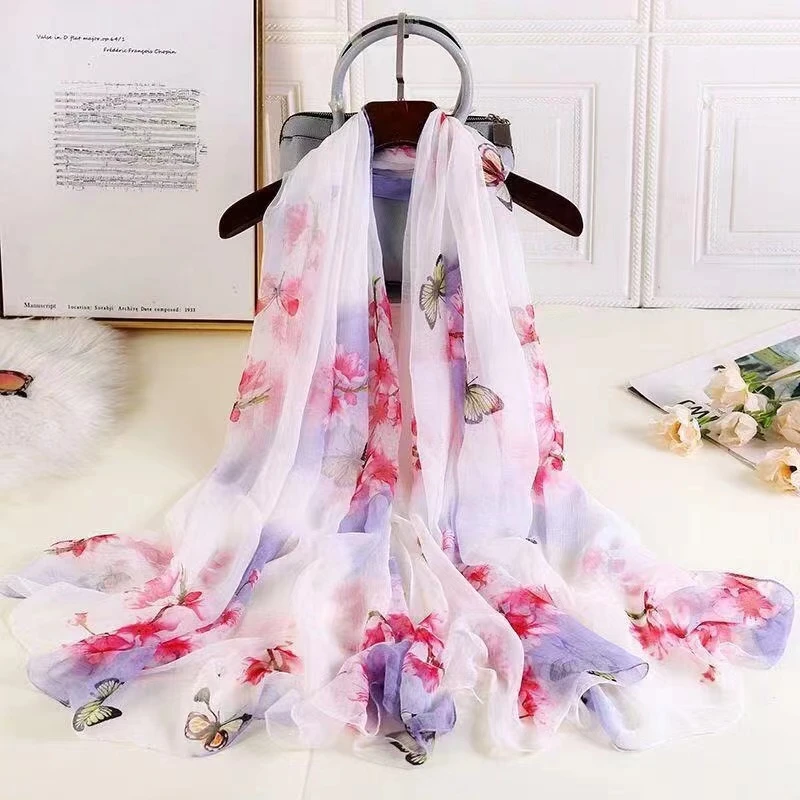 鳄鱼皱白色蝶舞丝巾沙滩巾薄款围巾长条丝巾时尚135*180