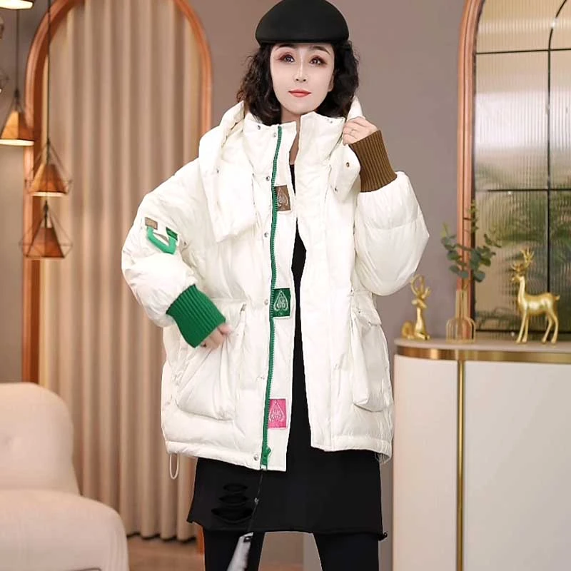 8536冬季新款韩版2024宽松休闲拼色连帽羽绒服女
