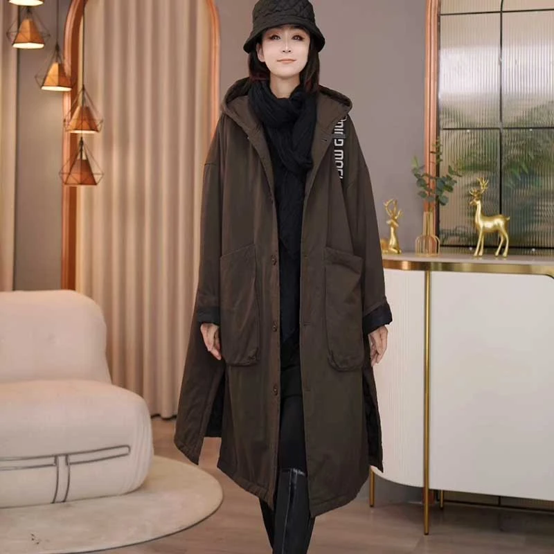 8365秋冬新款2024宽松休闲时尚长款连帽棉衣外套女