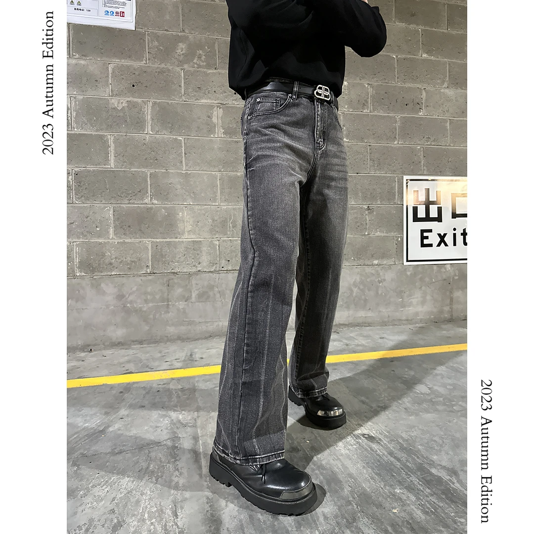 巴黎开发/美式重磅水洗黑灰牛仔裤直筒黑色长裤宽松阔腿裤百搭