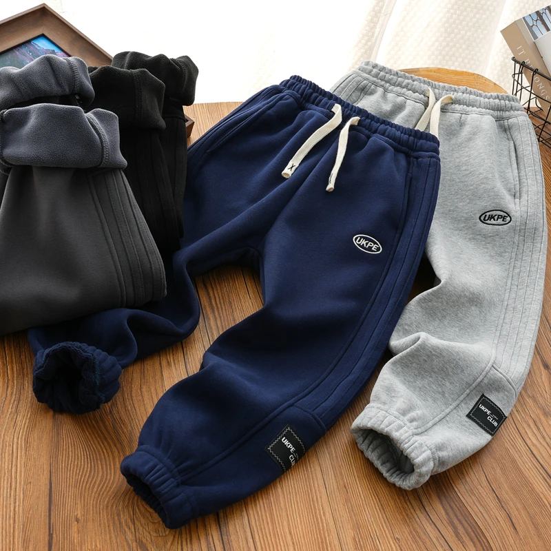 男童秋冬新款一体绒休闲卫裤中大童百搭纯色加绒裤儿童立体拼接裤