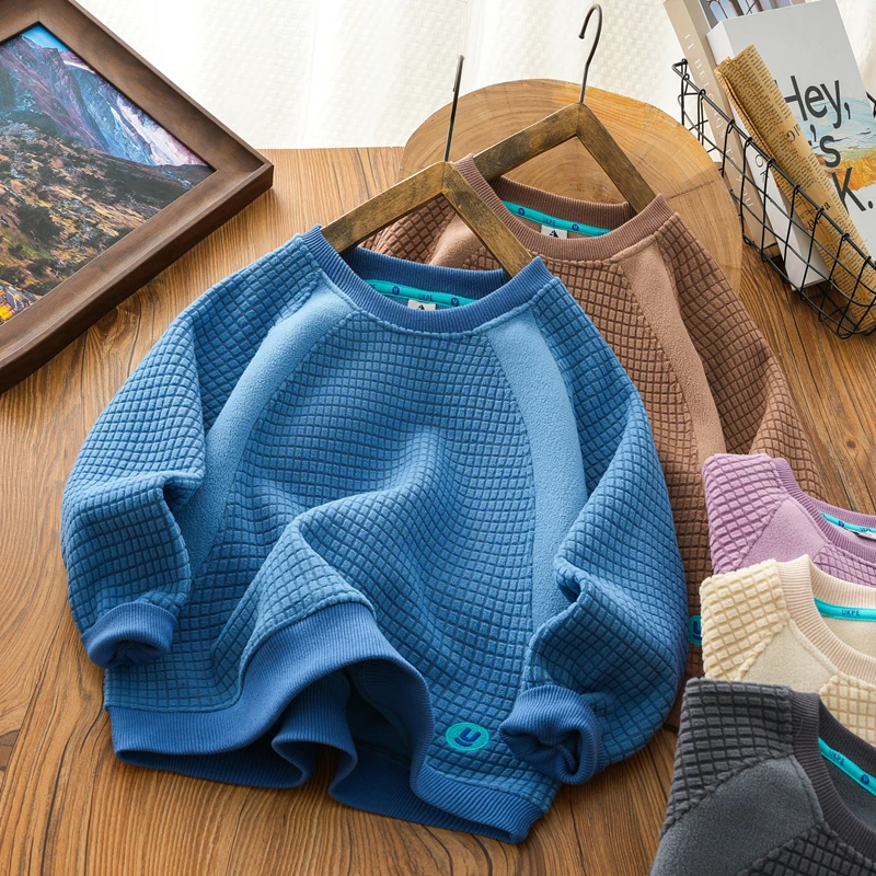 男女童同款休闲撞色一体绒卫衣中大童洋气长袖保暖打底衫儿童上衣