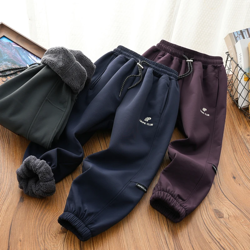 儿童加绒加厚运动长裤中大童纯色立体拼接休闲工装风卫裤男童新款