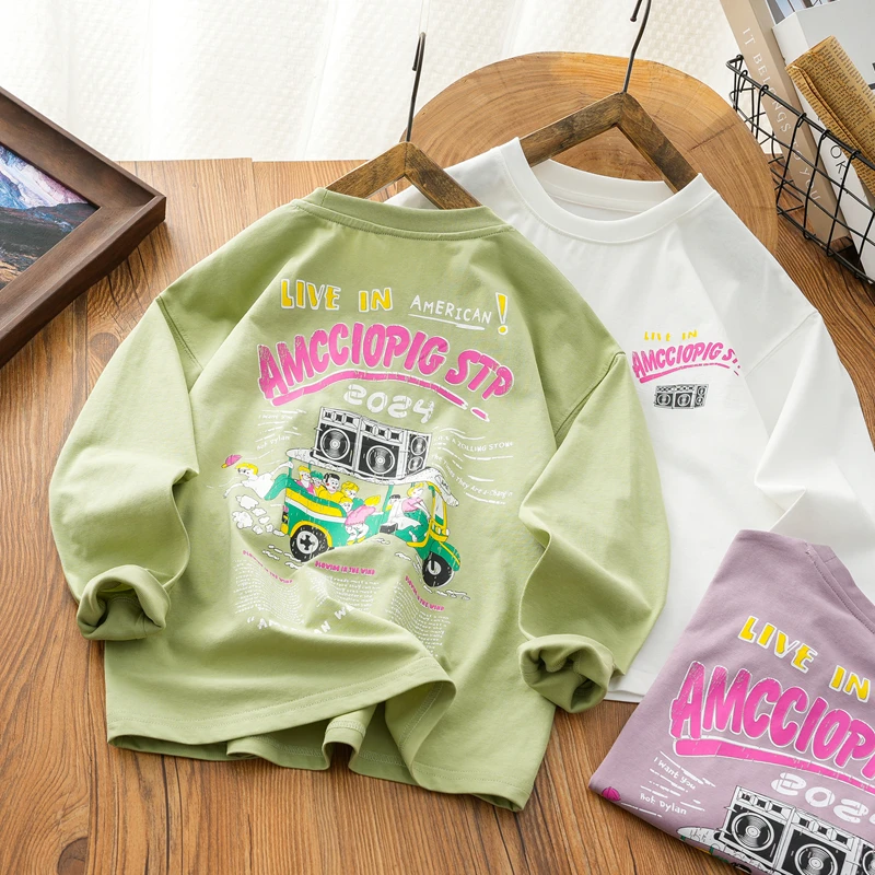 儿童休闲打底T恤中大童洋气长袖上衣男童新宽松休闲圆领打底衫潮