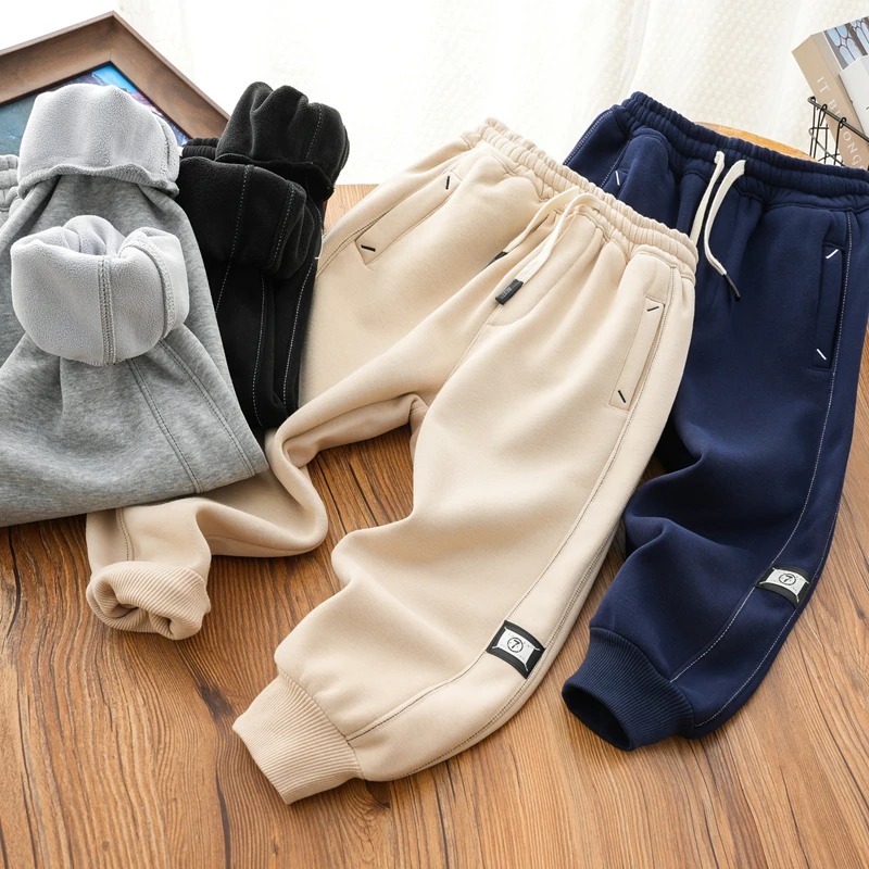 男童秋冬新款一体绒休闲卫衣裤中大童纯色百搭保暖长裤中大童裤子