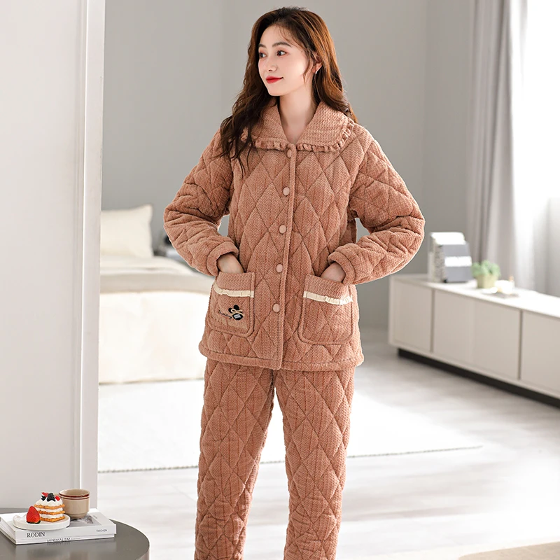 睡衣女士套装开衫长袖2025年冬季三层夹棉加绒加厚保暖女款家居服
