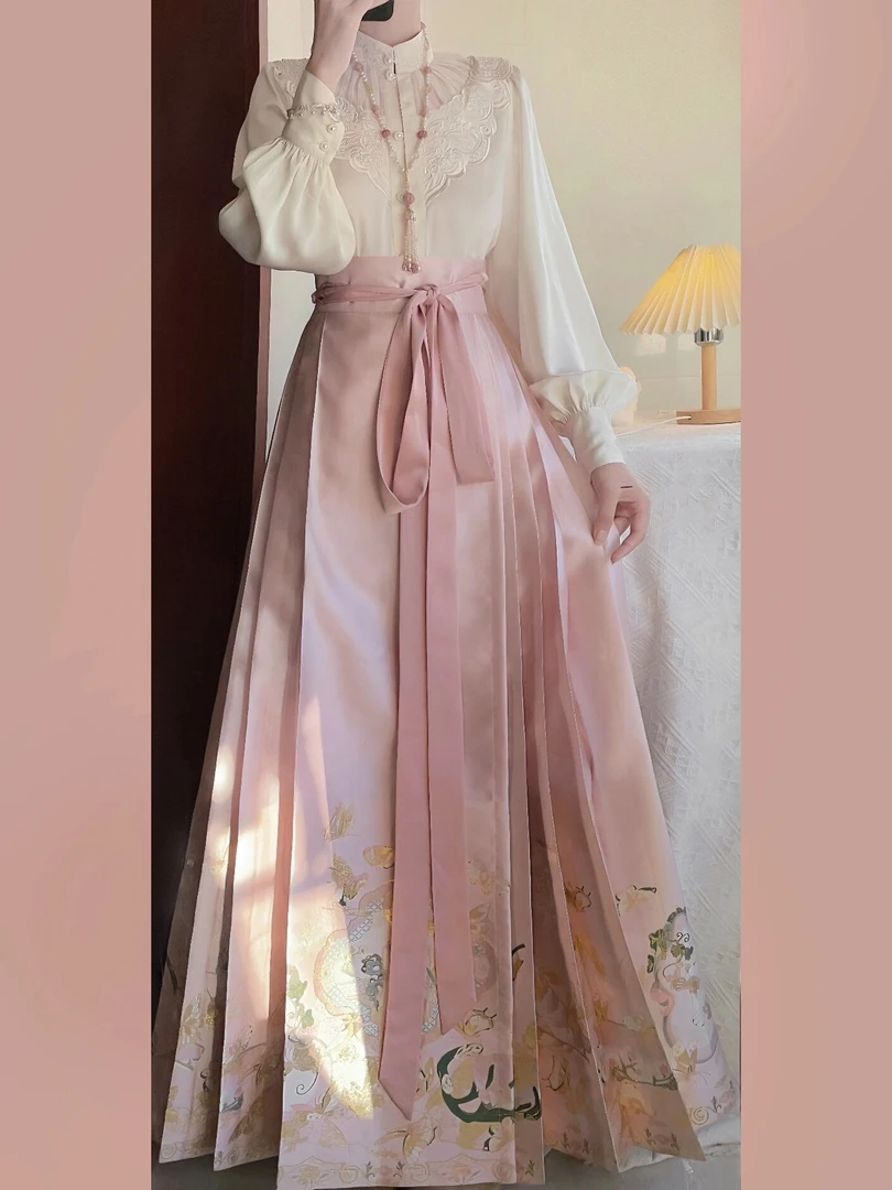 大码胖MM新中式国风套装女春季明制竖领对襟衬衫马面连衣裙两件套