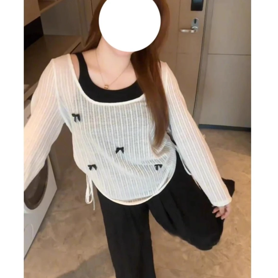 大码设计感假两件防晒长袖针织衫女秋季胖mm显瘦遮肉百搭甜辣上衣