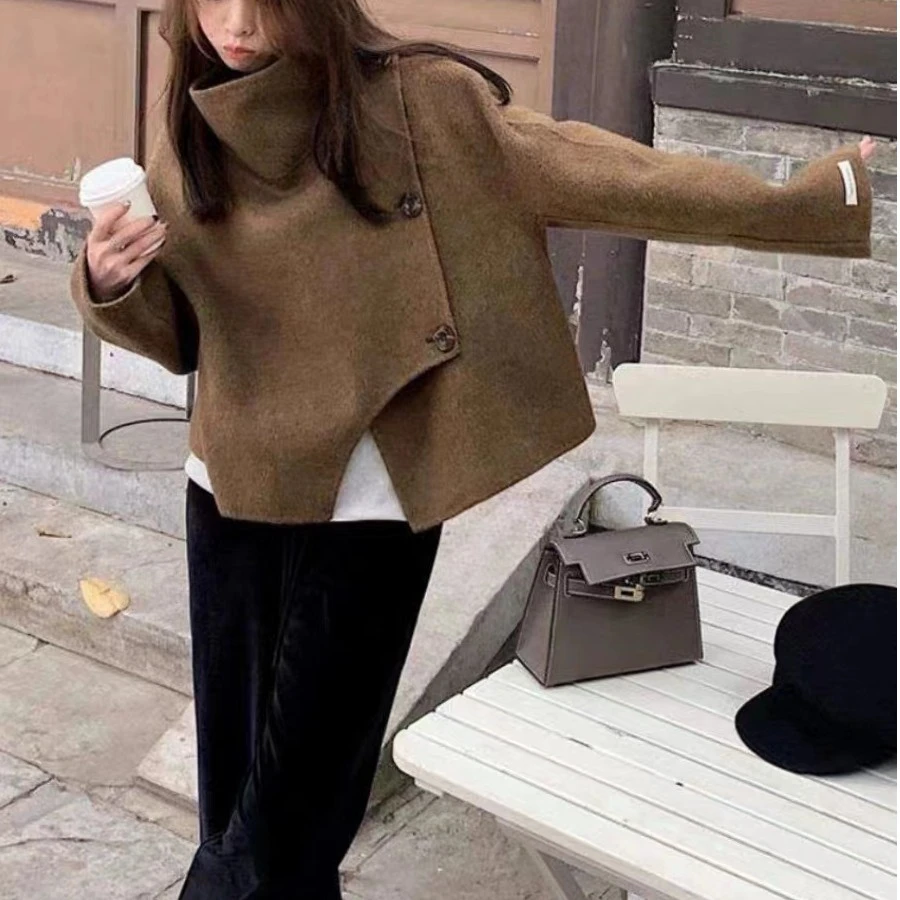 不规则下摆视觉显瘦短款双面羊毛大衣秋冬新款设计师版毛呢外套女