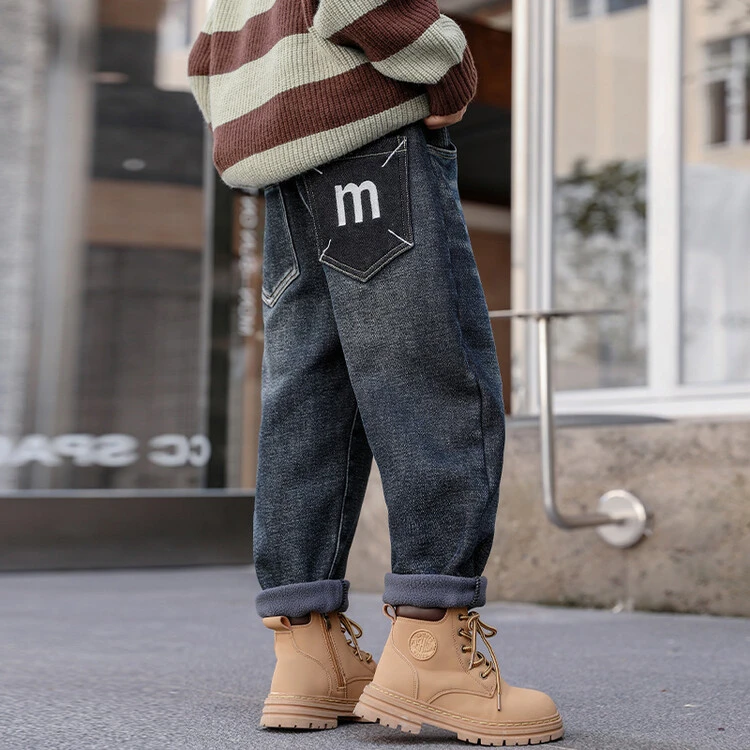 男童牛仔裤加绒秋冬款儿童加厚裤子12中大童直筒宽松休闲长裤15岁