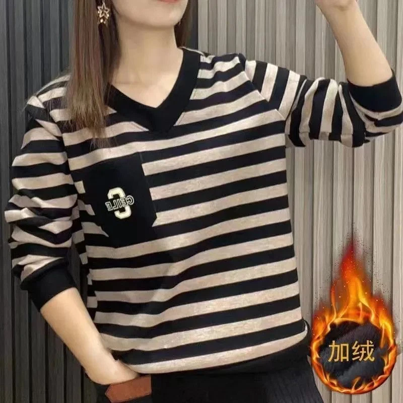 秋冬款加绒加厚条纹T恤休闲百搭宽松遮肉显瘦洋气v领打底衫女上衣