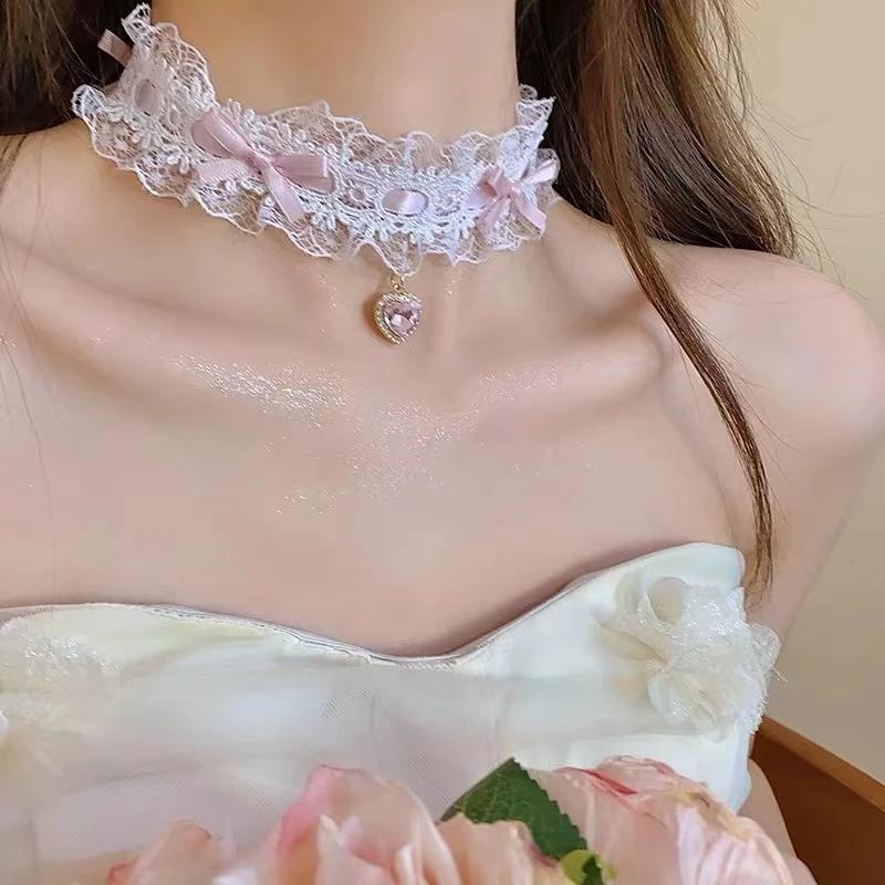 铜合金项链 纯欲粉色黑色蝴蝶结蕾丝choker颈带高级感脖子配饰女