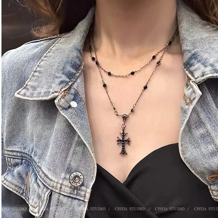 合金项链 十字架暗黑系项链女高级甜酷风气质百搭重工双层锁骨链