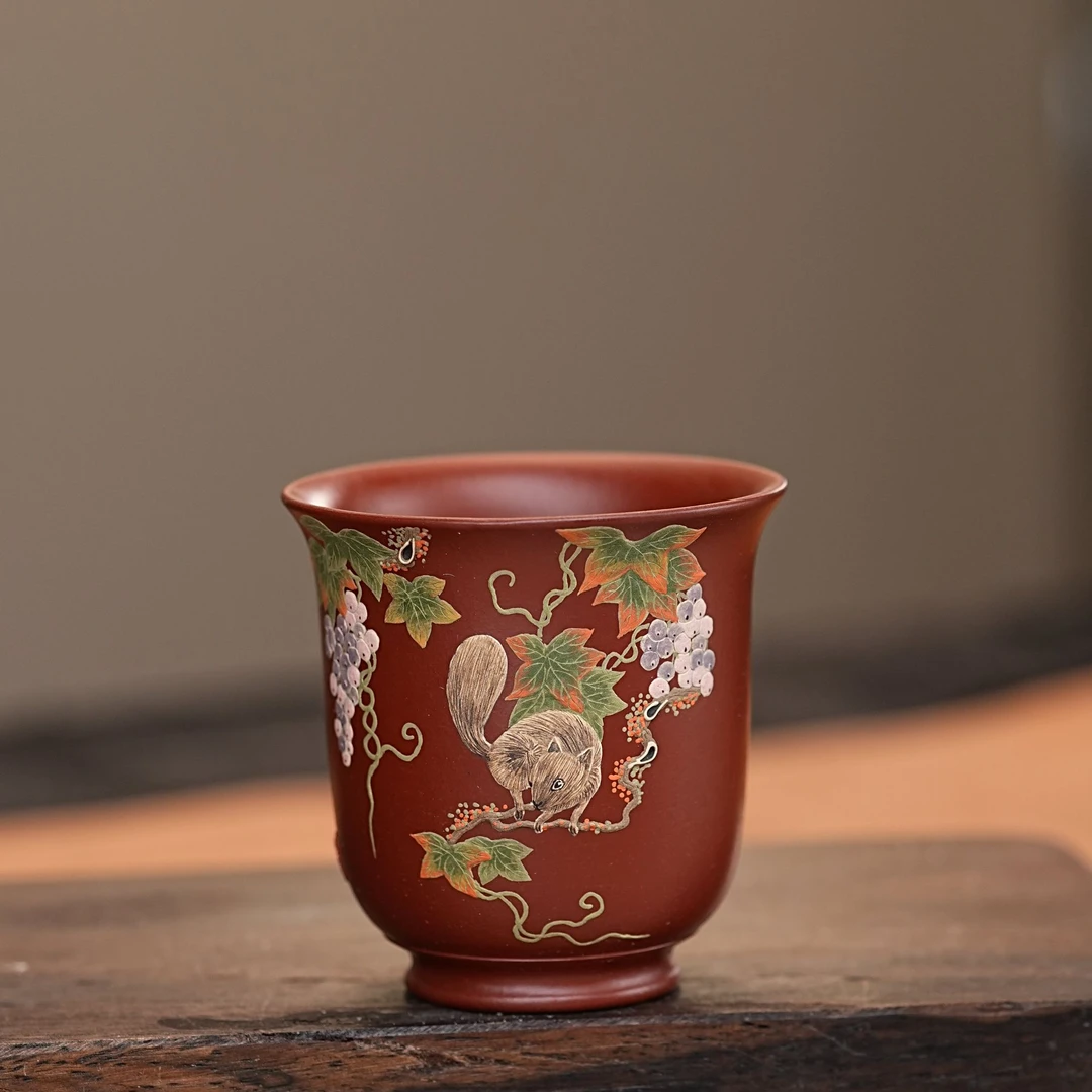 【2578松鼠葡萄杯】宜兴原矿高端大红袍全手工堆绘松鼠葡萄 主人杯