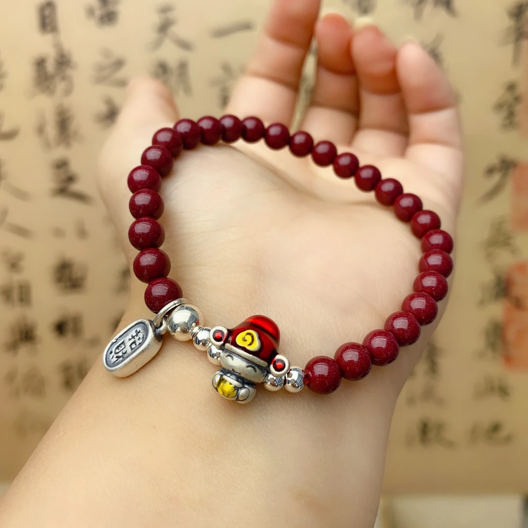 含辰砂工艺品Z4足银手链 新中式财神爷本命年纯手工编织朱砂手串