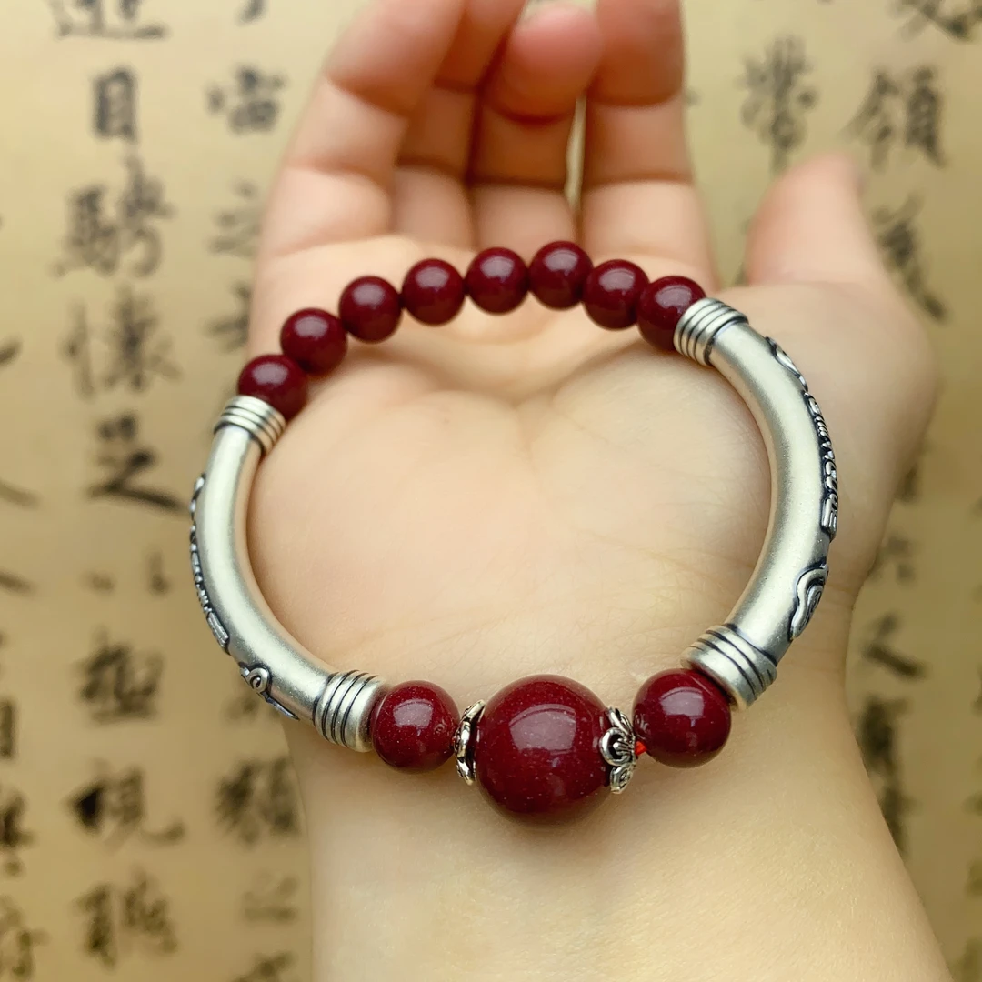 含辰砂工艺品Z13  足银手链 新中式吉祥如意弯管纯手工编织朱砂