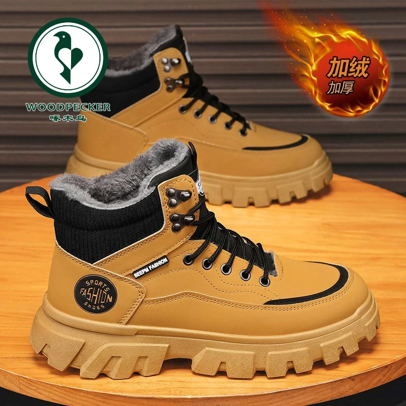 【正品】啄木鸟马丁靴男秋冬高帮英伦风工装大黄靴男士加绒棉鞋厚底