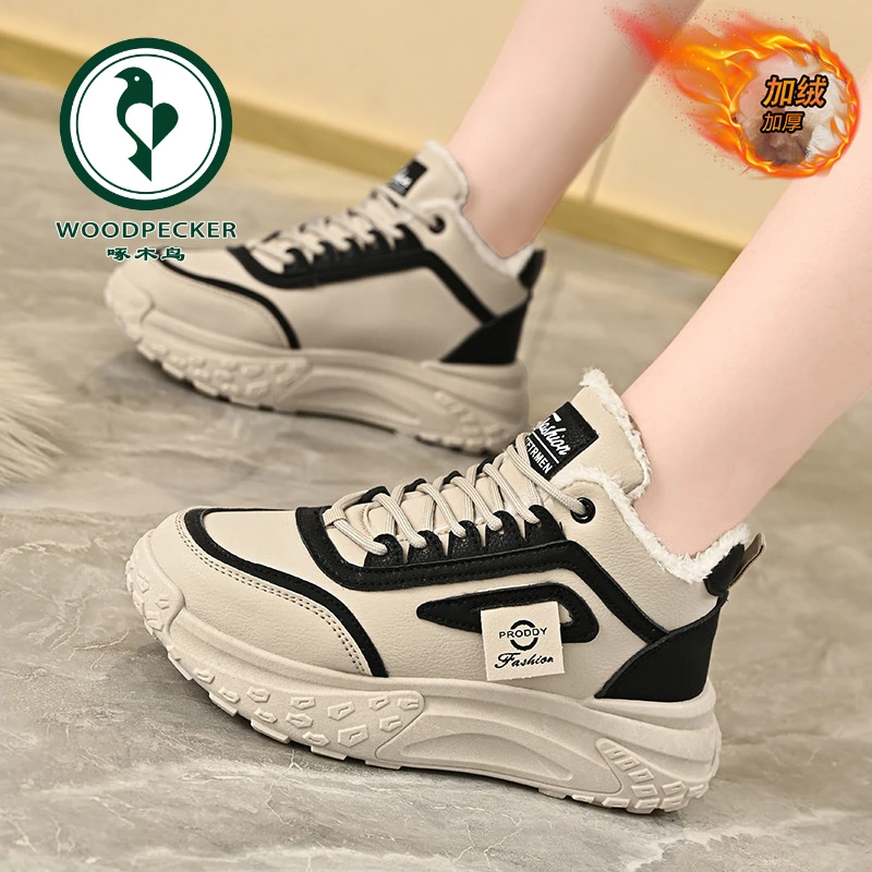 【正品】啄木鸟2024冬季高帮加绒老爹鞋新款韩版ins女学生厚底增高