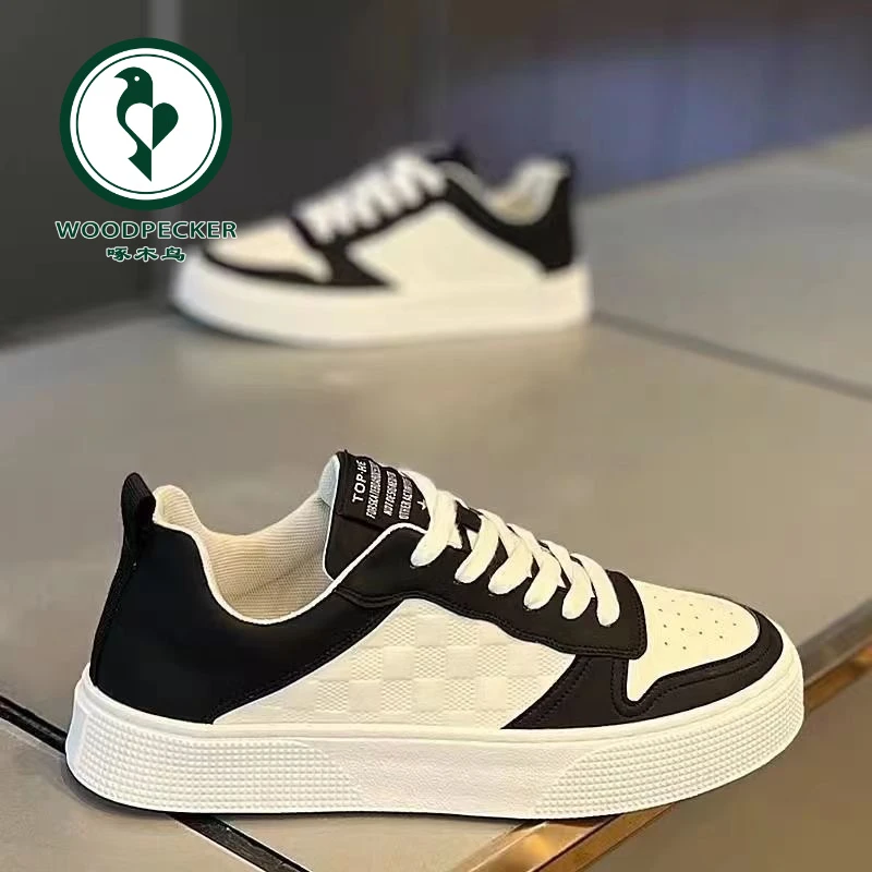 【正品】啄木鸟透气皮面小白鞋潮流百搭运动休闲鞋男款低帮潮牌板鞋