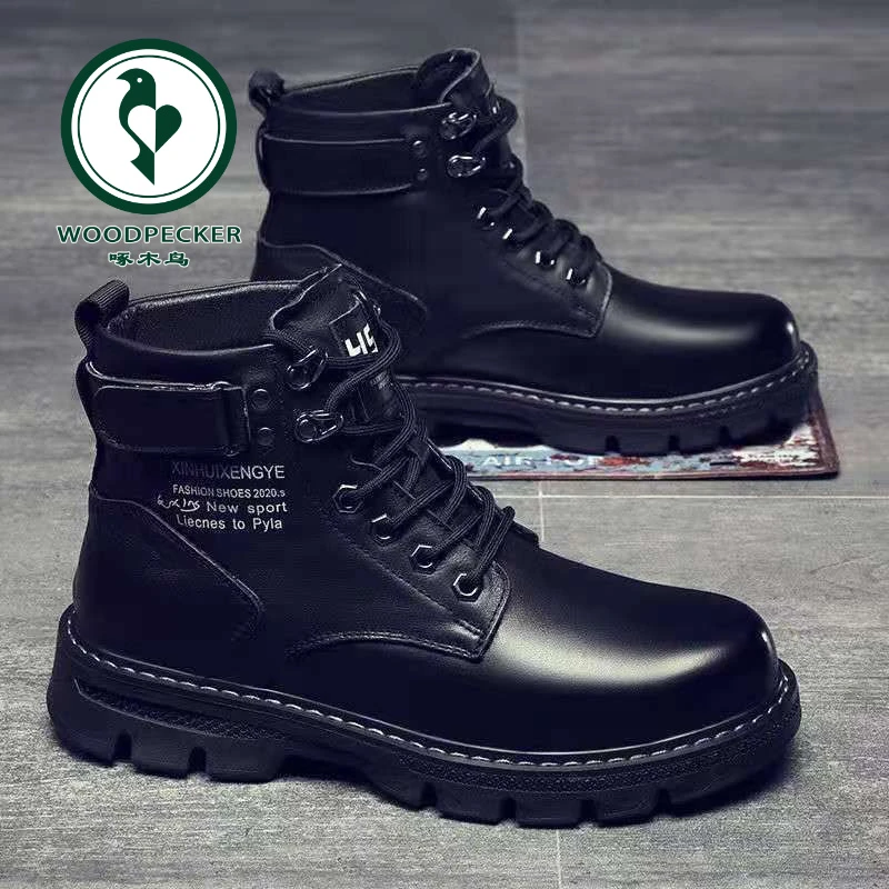 【正品】啄木鸟马丁靴男款秋季2024新款高帮英伦风黑色工装机车皮靴