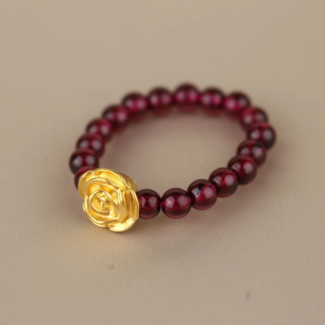 足金999玫瑰花编石 榴 石戒@@A103