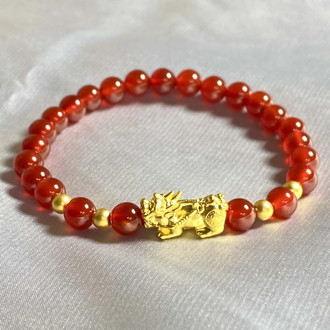 璞玉 足金999中貔貅+4颗卡4古法搭红玛 瑙手串@@A242