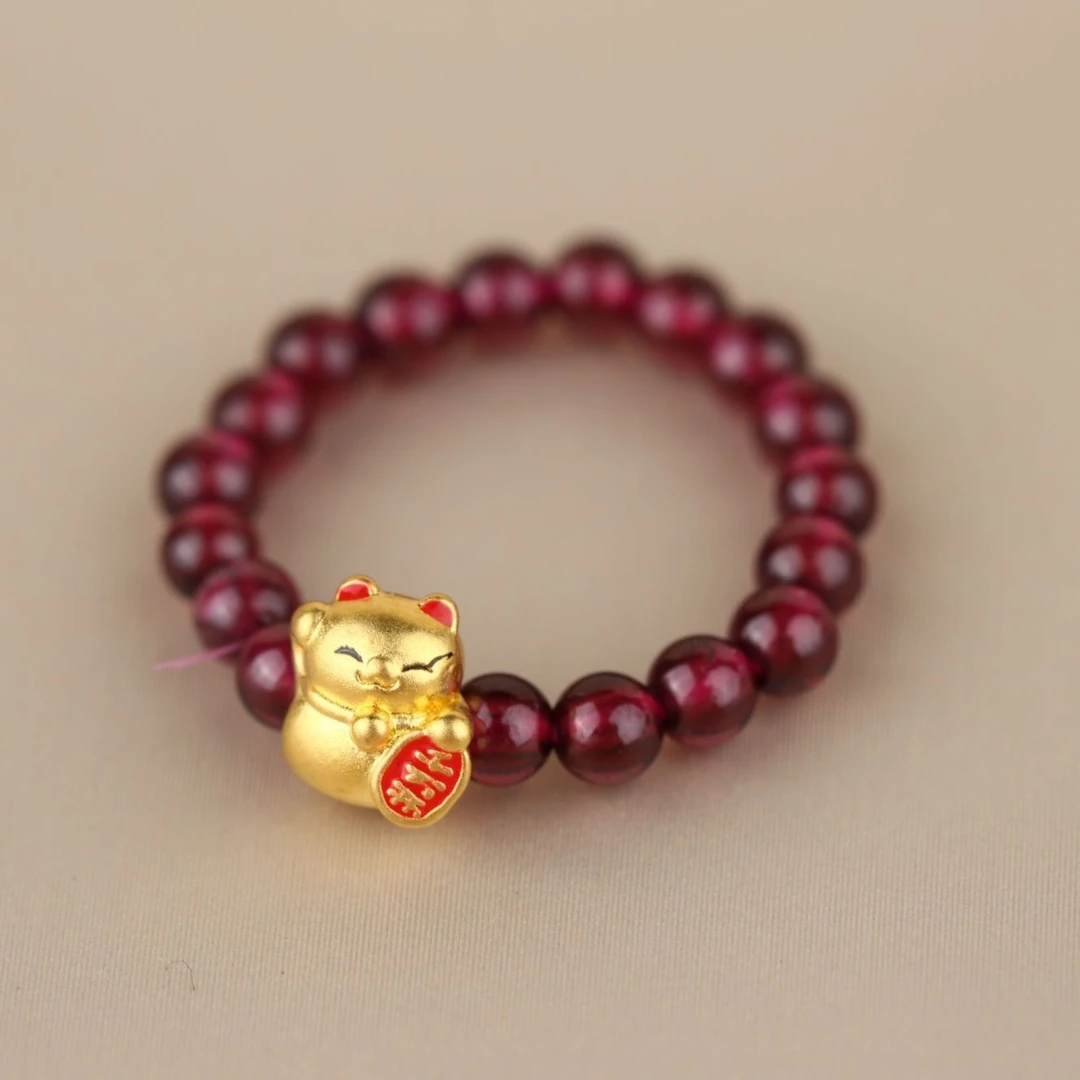 足金999小招财猫 石 榴石戒指@@A128