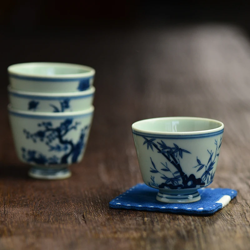七十二手手绘青花瓷梅兰竹菊品茗杯主人杯景德镇手工陶瓷茶杯茶具