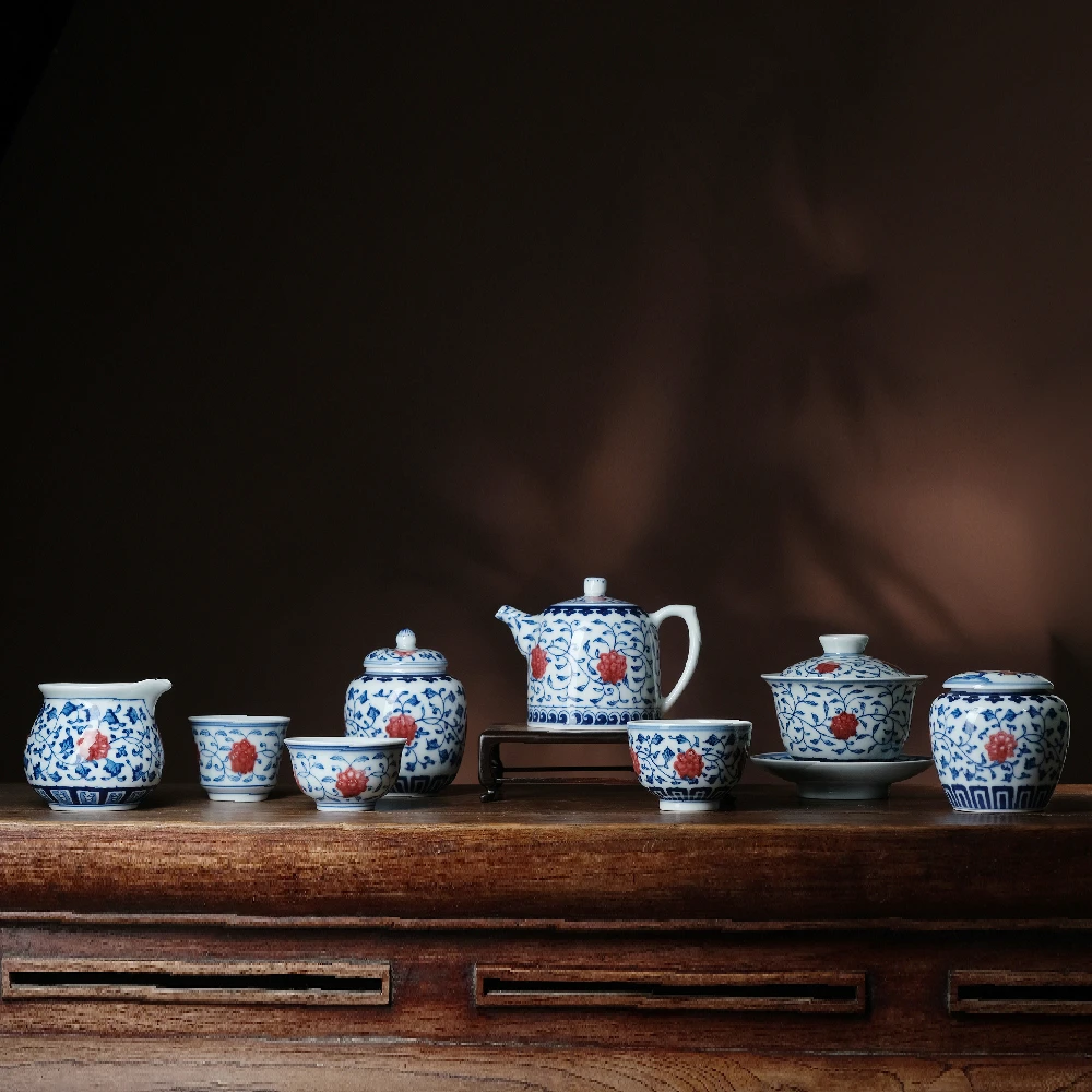 七十二手 手绘青花釉里红缠枝纹陶瓷品茗杯公道杯茶壶茶叶罐盖碗