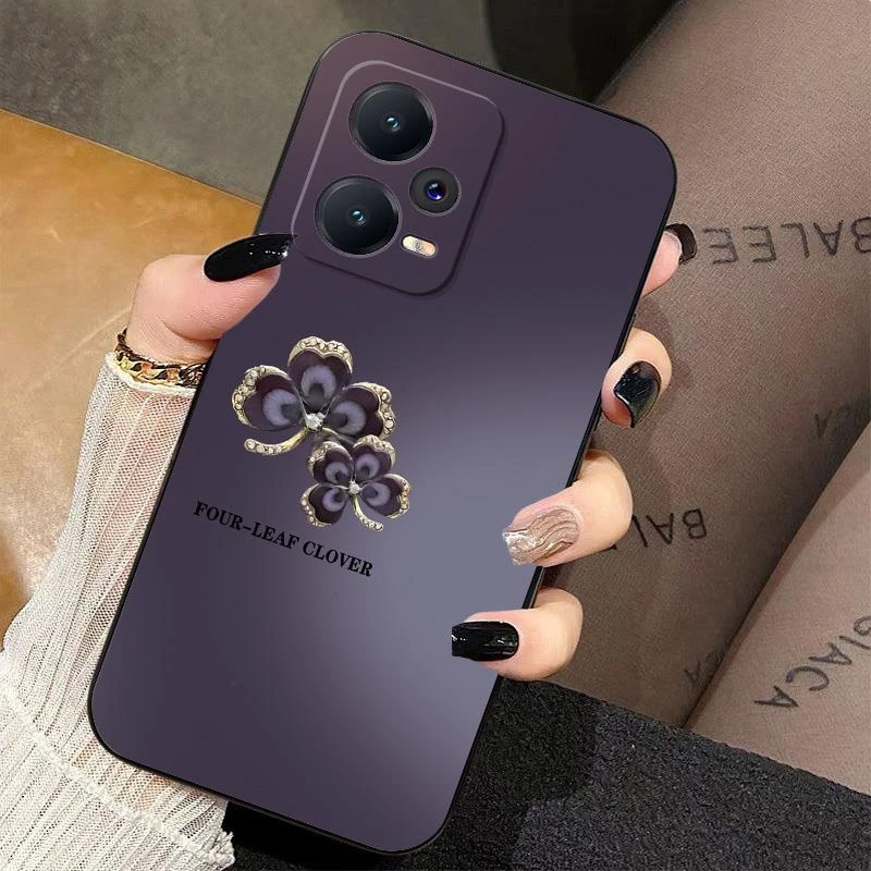 适用红米note12pro手机壳暗紫渐变四叶草全包液态硅胶高级感新款