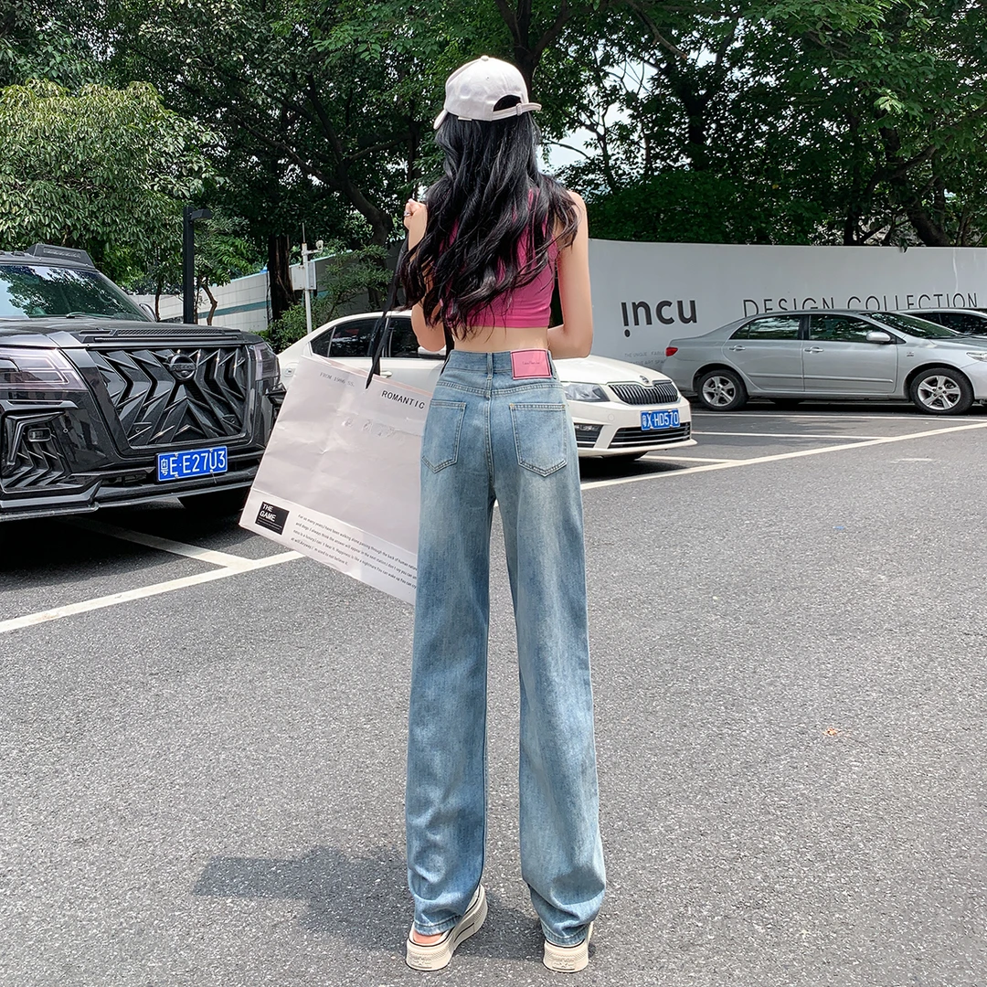 浅色烟管裤女九分裤高腰显瘦编织百搭直筒牛仔裤女小个子春装九分