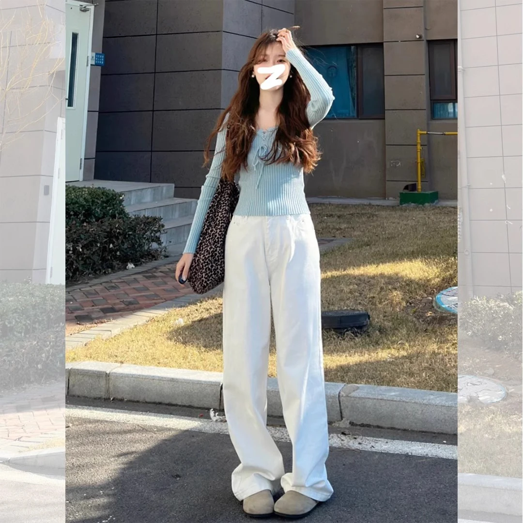 白色高腰牛仔裤女直筒裤爆款2025新款阔腿爆款窄版小个子裤子秋装