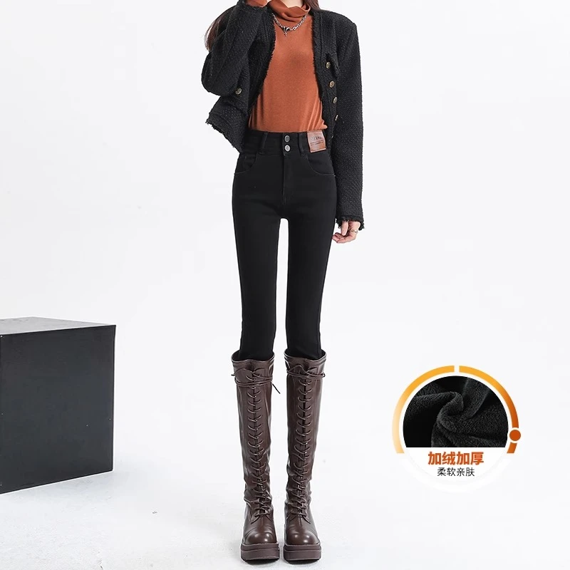 黑色裤子紧身牛仔小脚裤女薄绒爆款季新款高腰修身爆款铅笔裤