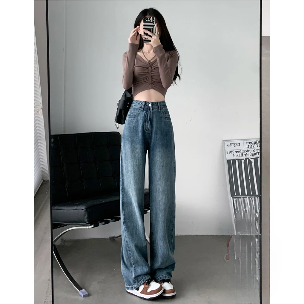 高腰阔腿牛仔裤女爆款小个子直筒宽松窄版vibe风裤子