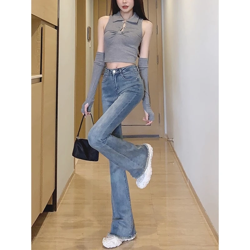 新款时尚高腰秋装毛边微喇牛仔裤女2025修身爆款弹力休闲潮裤子