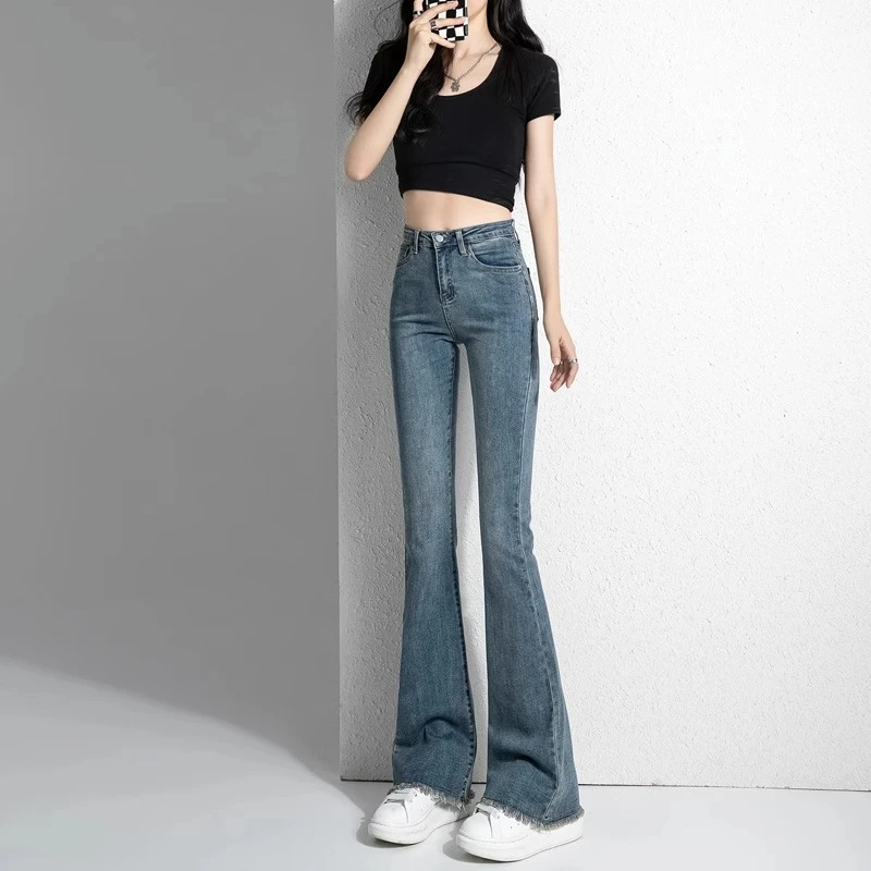 复古高腰毛边微喇叭裤女修身宽松爆款显高马蹄微喇裤百搭牛仔裤