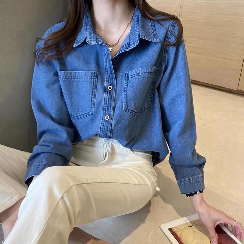 2025新款牛仔衬衣女宽松打底百搭长袖叠穿衬衫外套外穿上衣