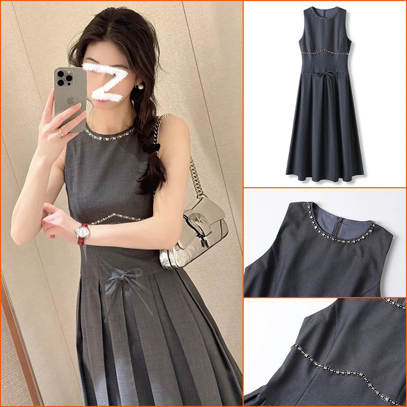 女装2024夏季新款法式连衣裙小众设计感气质灰色无袖长裙网红炸街