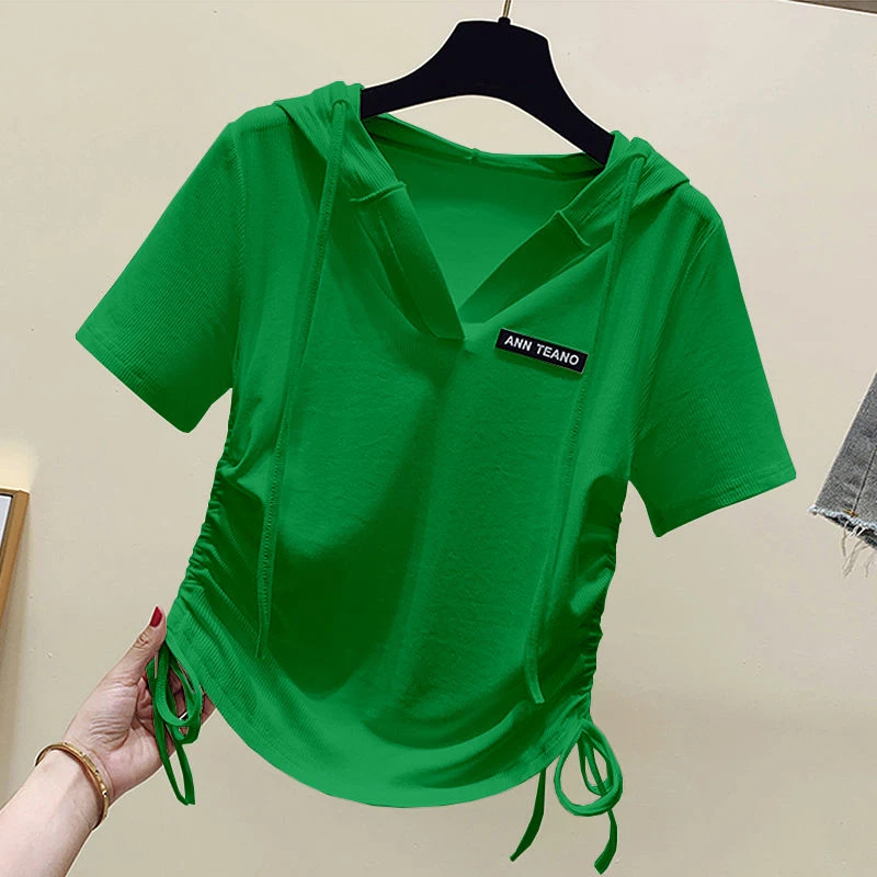 短袖t恤女2023年新款时尚不规则抽绳连帽上衣
